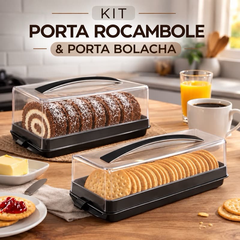 Kit Porta Rocambole/Torrada + Porta Bolacha  - Pote cozinha Biscoito Torradas De Acrílico Com Tampa Cozinha Organizada