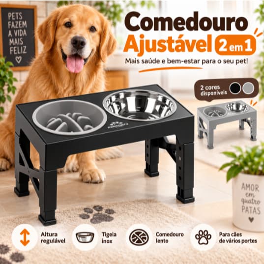 Comedouro Elevado Ajustável 2 em 1 para Cães com Tigela Inox e Comedouro Lento