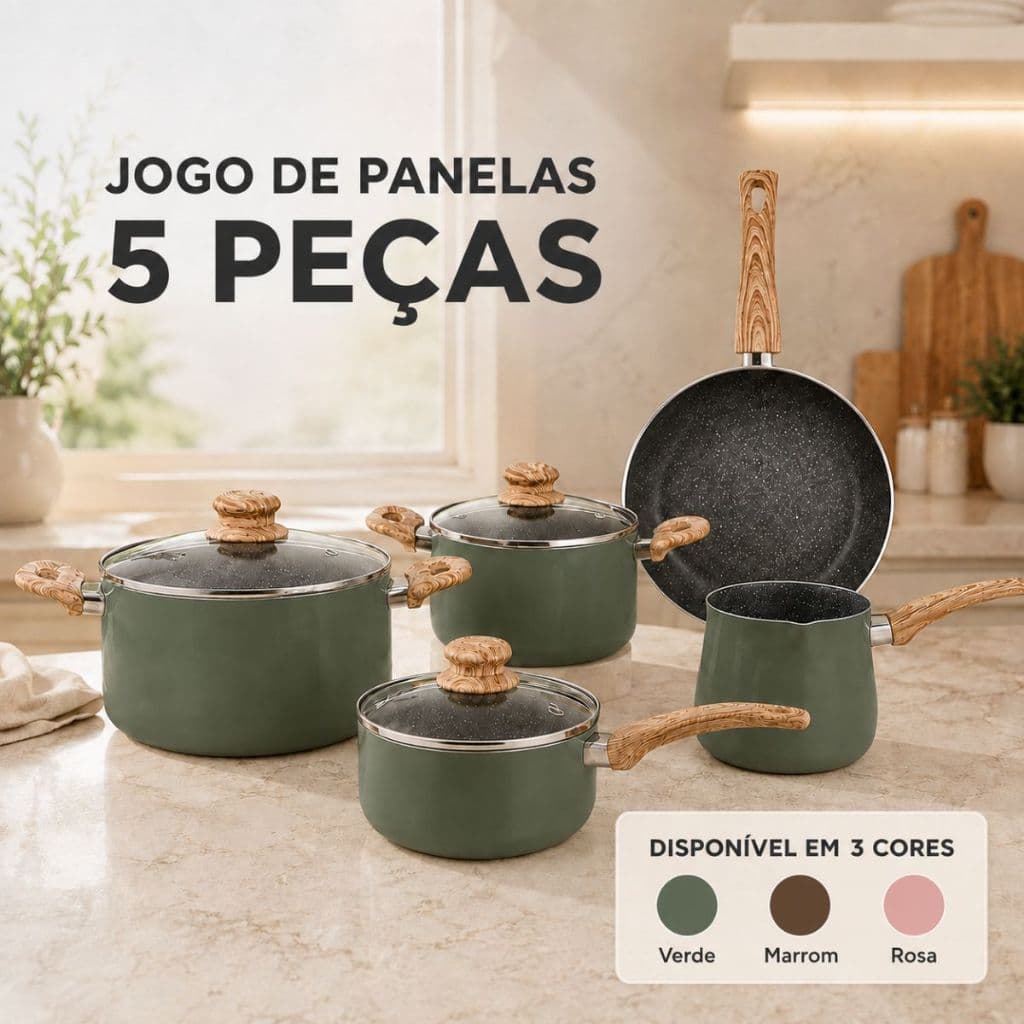 Jogo De Panelas 5 Peças Antiaderente Cerâmica Caçarolas Tampa Vidro Cabo Kit Cozinha Moderna Luxo