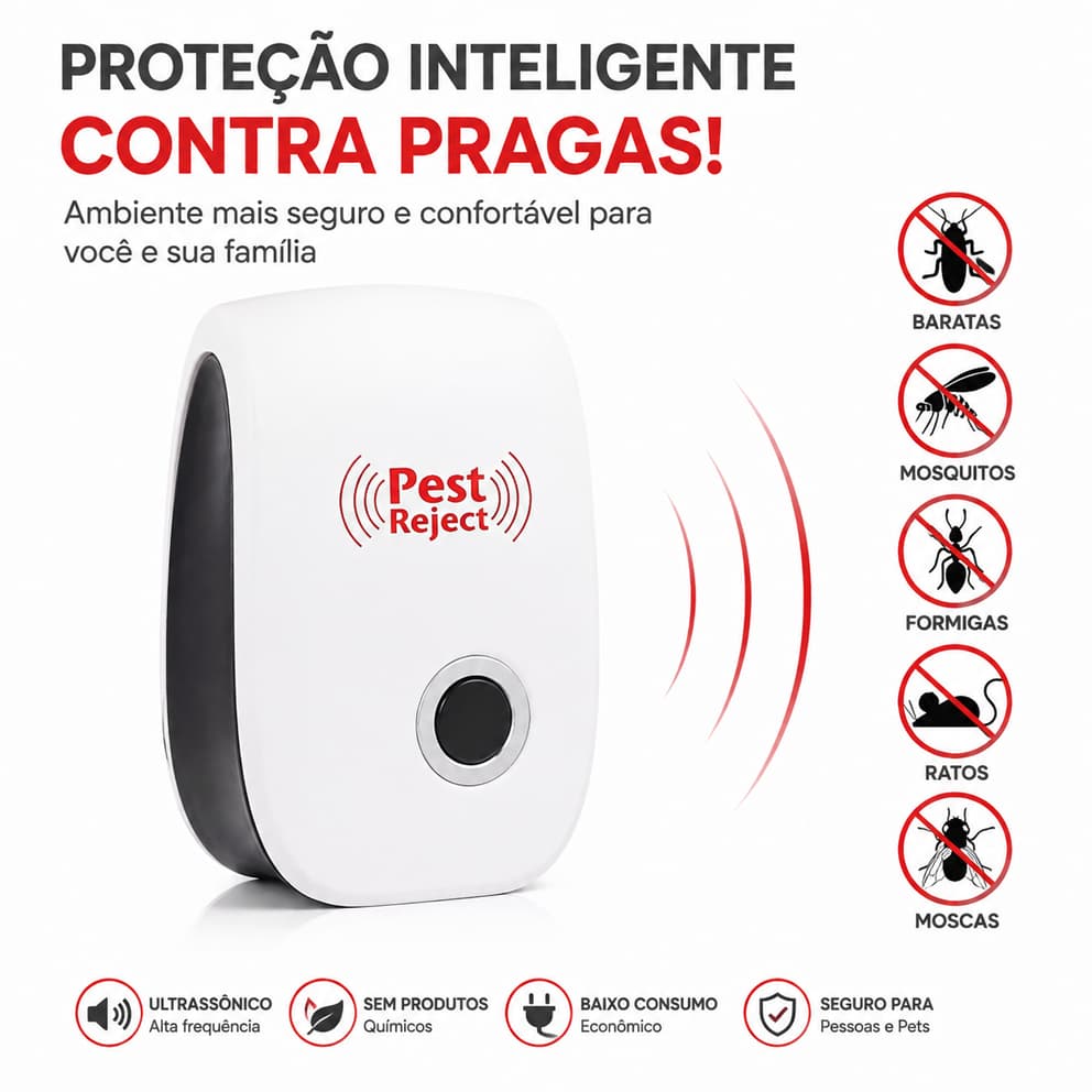 ✈️Envio Rápido｜Repelente Ultrasônico de Pragas, Afasta Baratas Ratos Mosquitos, Sem Químicos para Casa