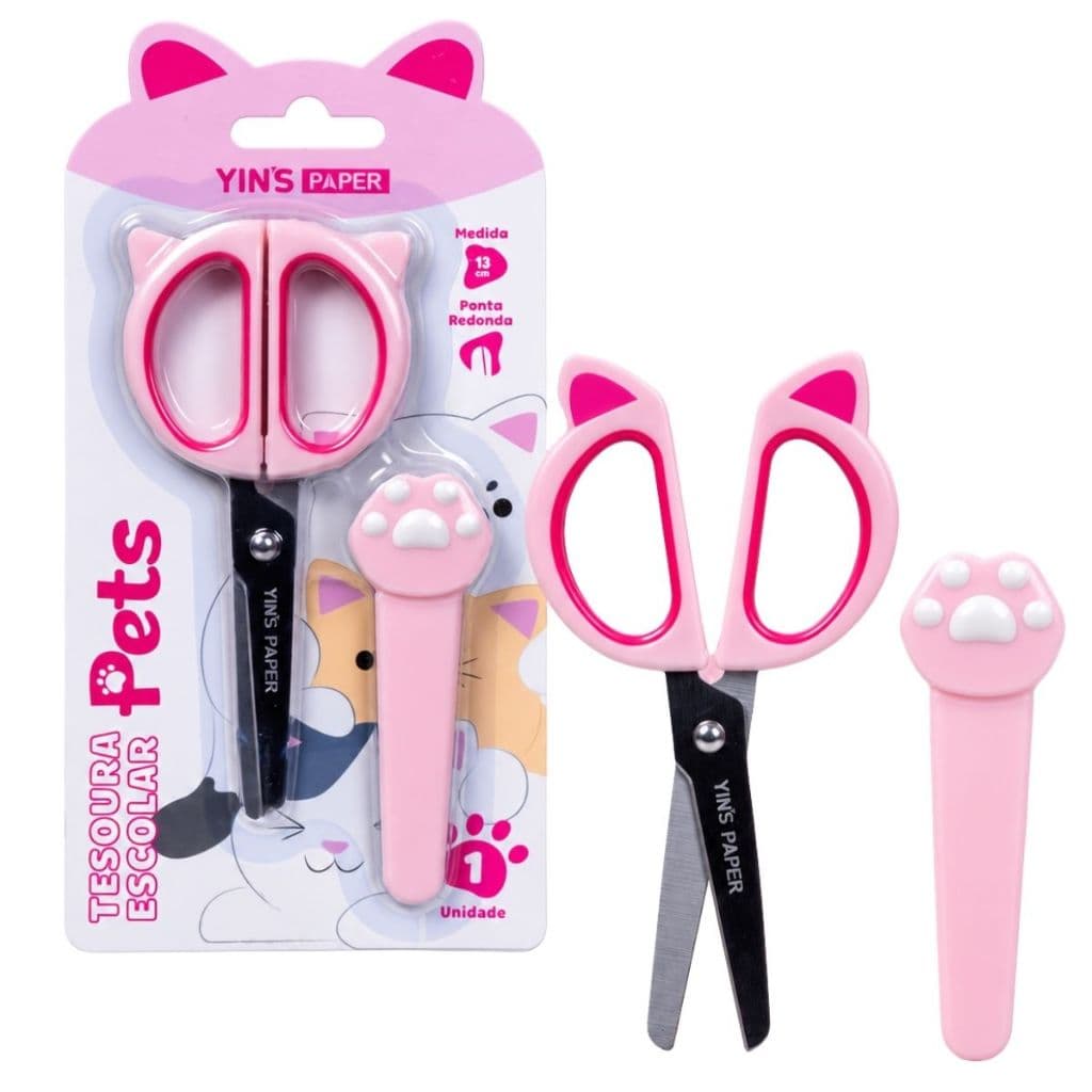 Tesoura Escolar 13cm Ponta Redonda Com Capa Protetora Pets Patas