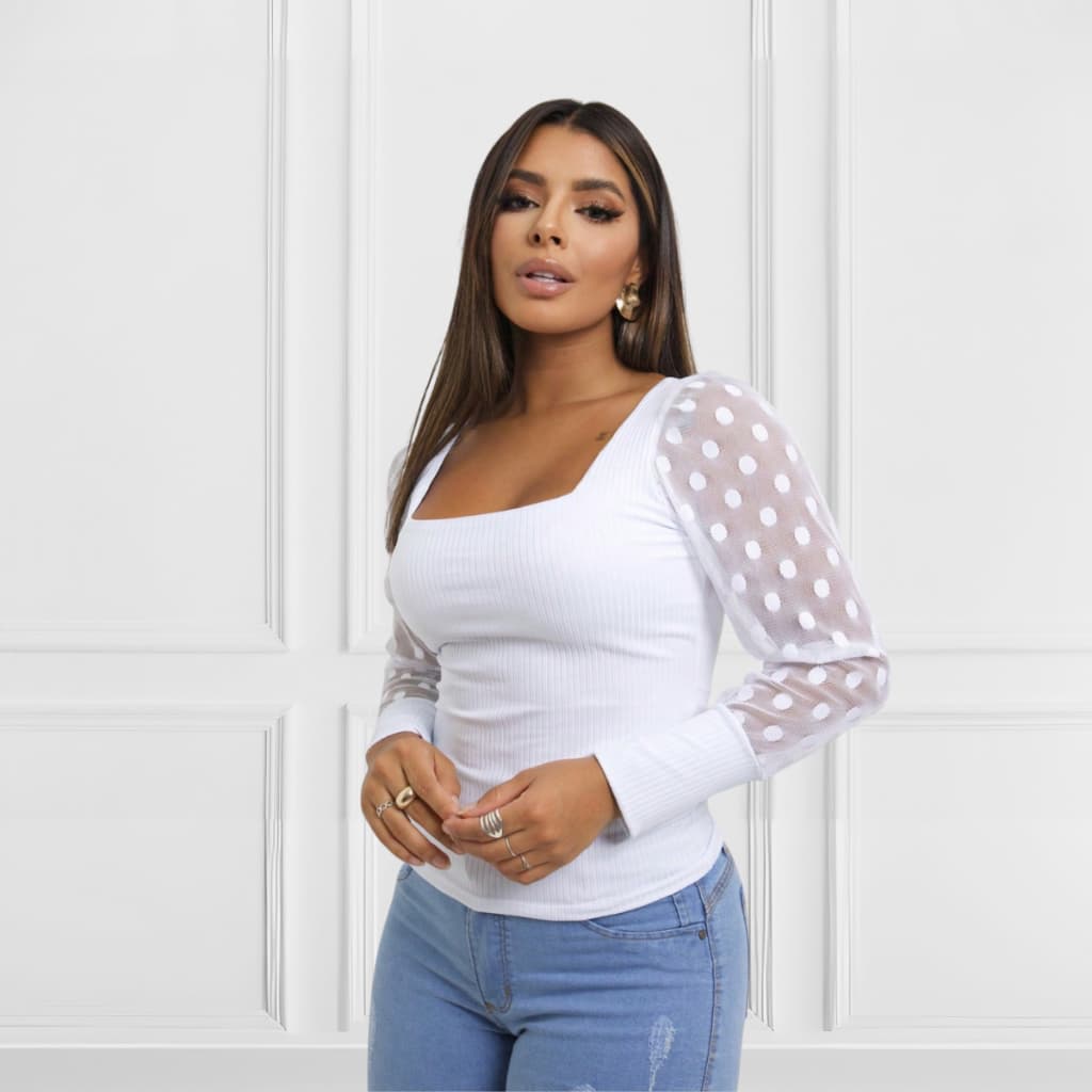 Blusa Feminina Manga Longa Tule Bufante Poa Bolinhas Decotada  Blogueiras