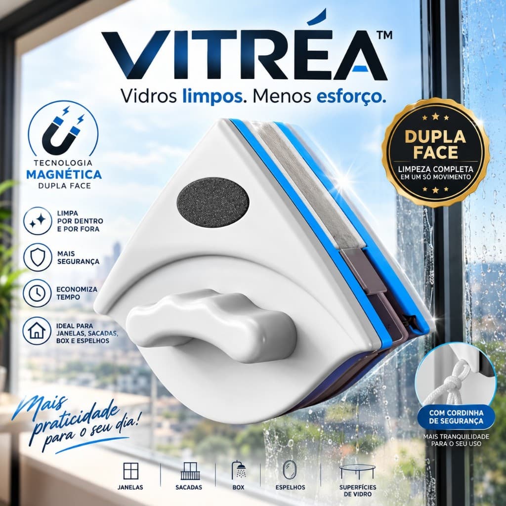 Limpa Vidros Magnético VITRÉA™ Dupla Face Super Ímã Rodo Mágico para Janelas