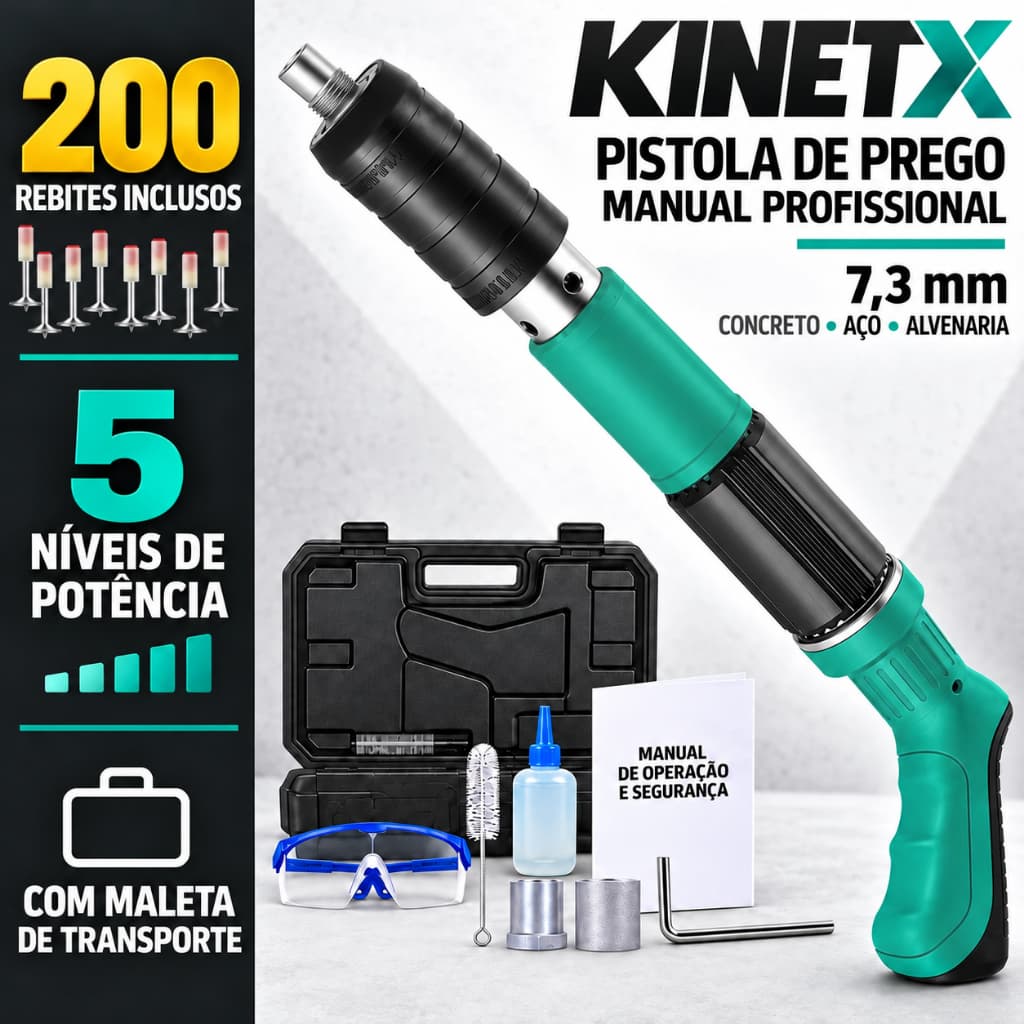 Pistola de Prego Manual Profissional KINETX 7.3mm para Concreto Aço e Alvenaria Kit com 50 / 100 / 200 Rebites