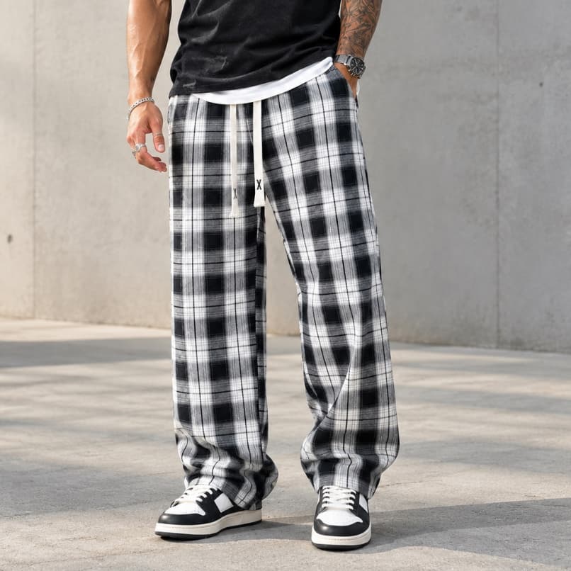Calça Xadrez Masculina Wide Leg Poliéster Elastano, Cós com Cordão Ajustável Modelo Solto Estilo Streetwear Uso Casual