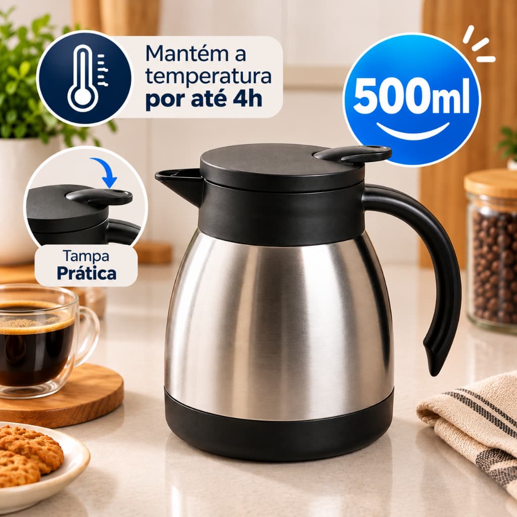 Bule Garrafa Térmica Inox Para Café Chá Água  500ml Com Alça Tampa com GatilhoTérmico Quente e Frio