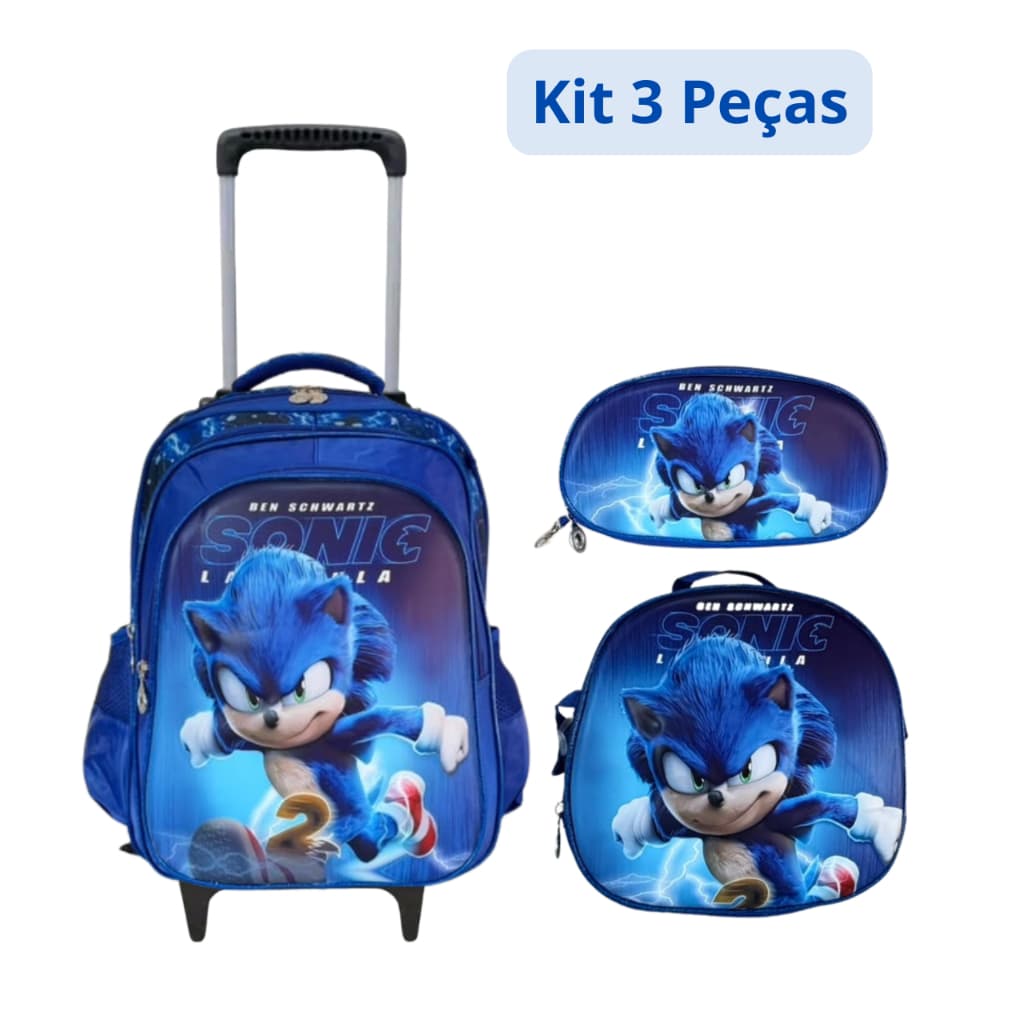 Kit Mochila Sonic 3D Com Rodinhas Escolar Infantil  + Lancheira Térmica + Estojo