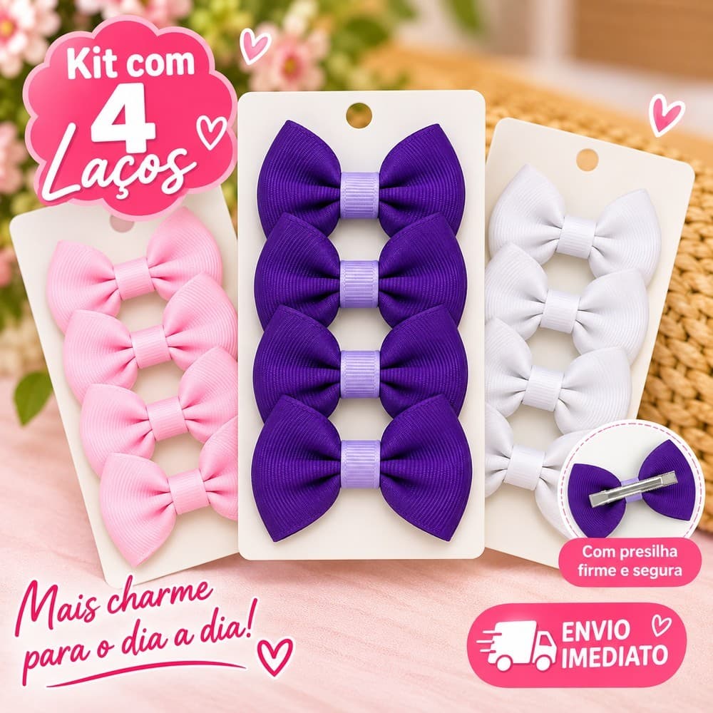 Kit 4 Mini Laços Infantil Bico de Pato Presilha para Cabelo Menina Bebê Laço em Gorgurão Pequeno Delicado