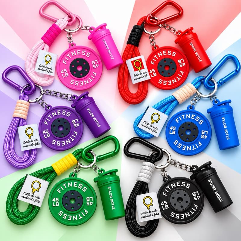 Chaveiro Fitness Anilha 45LB + Mini Garrafinha Academia Cordão Duplo Mosquetão
