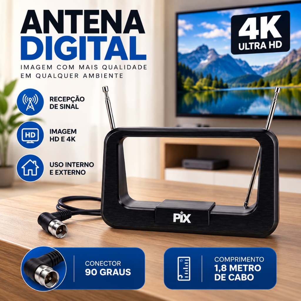 Antena Digital Interna para TV UHF VHF HDTV com Cabo 1,8m Conector 90 Graus Sinal Digital.