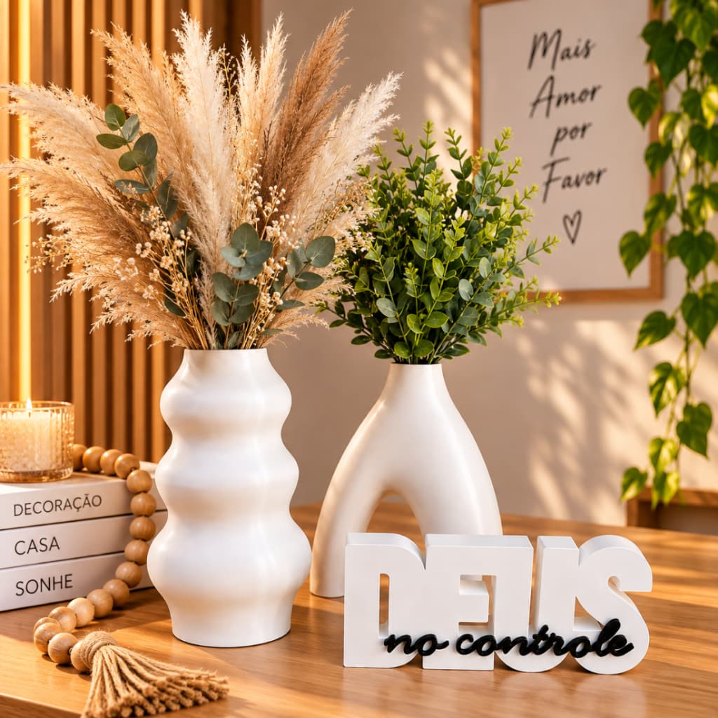 Kit Decoração Cristã Premium 2 Vasos Modernos + Deus no Controle ou ORE e Confie Sala Quarto Hall de Entrada Escritório