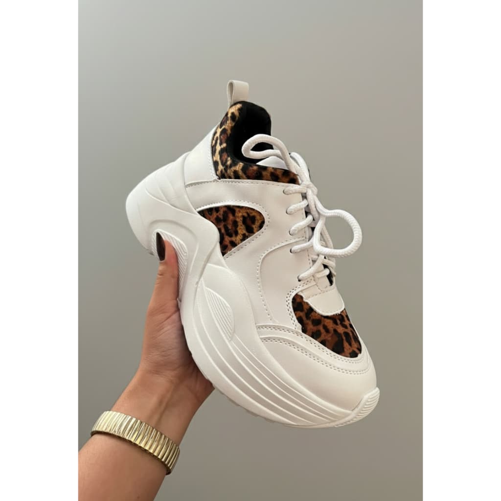 Tênis Feminino Branco/Onça Sola Alta Caixa Moda Urbana/Casual Blogueira Estilosa Animal Print