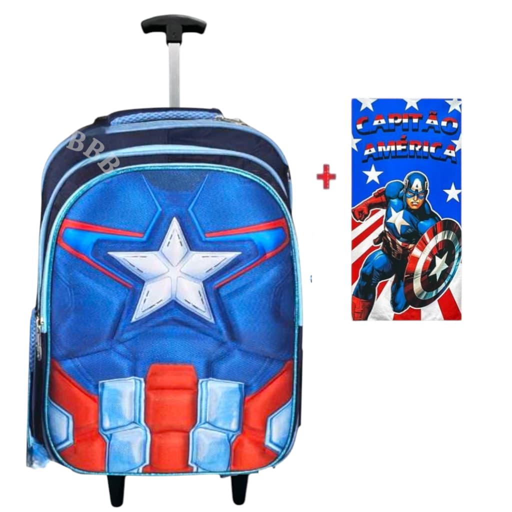Mochila de Rodinha Juvenil Capitão América E Homem Aranha 3D + Toalha
