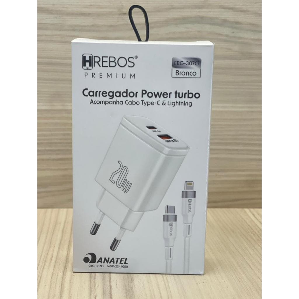 Carregador Turbo 20W Hrebos Premium USB + Type-C com Cabo Type-C e Lightning Carga Rápida CRG-307CI Branco