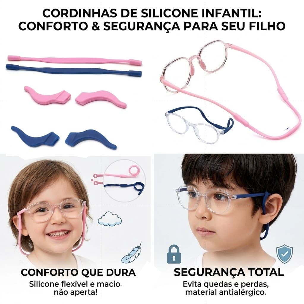 Cordão de Silicone para óculos de Criança e Gancho Stopper para óculos infantil Cordinha Elastico Esportes Segurança -