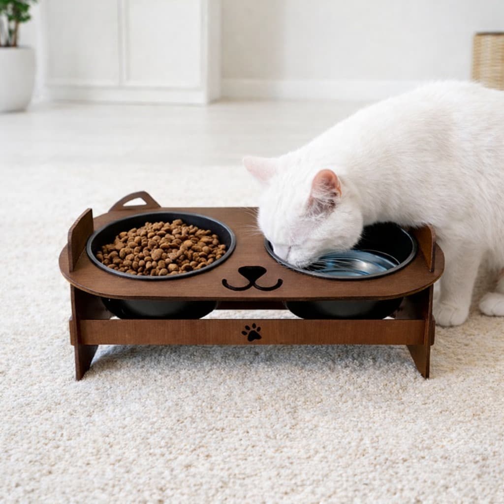 Comedouro em MDF Bebedouro Elevado Para Cães e Gatos Carinha de Pet