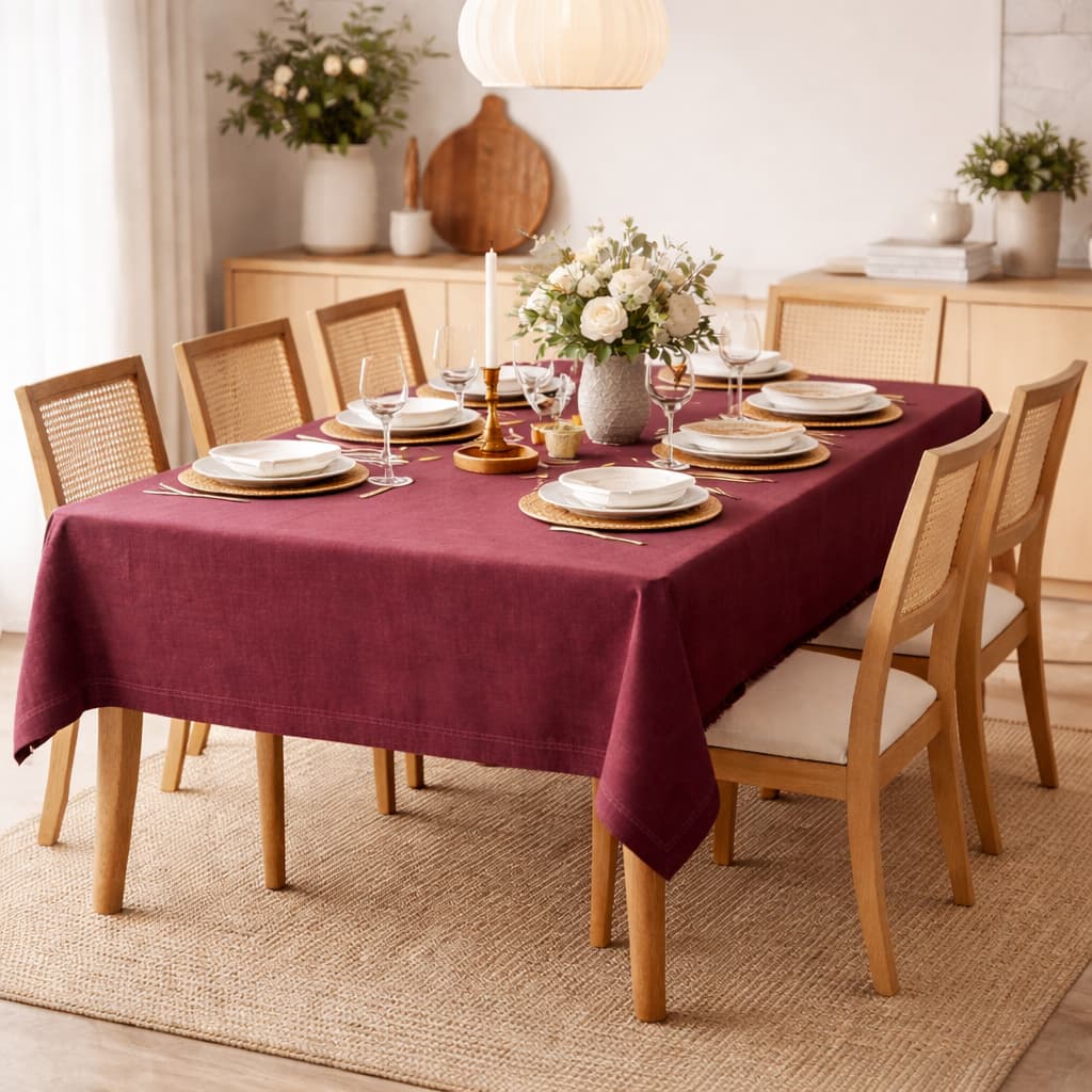 Toalha de Mesa 6 Lugares Linho Rústico Bordô 1,40x2,00 Decorativa