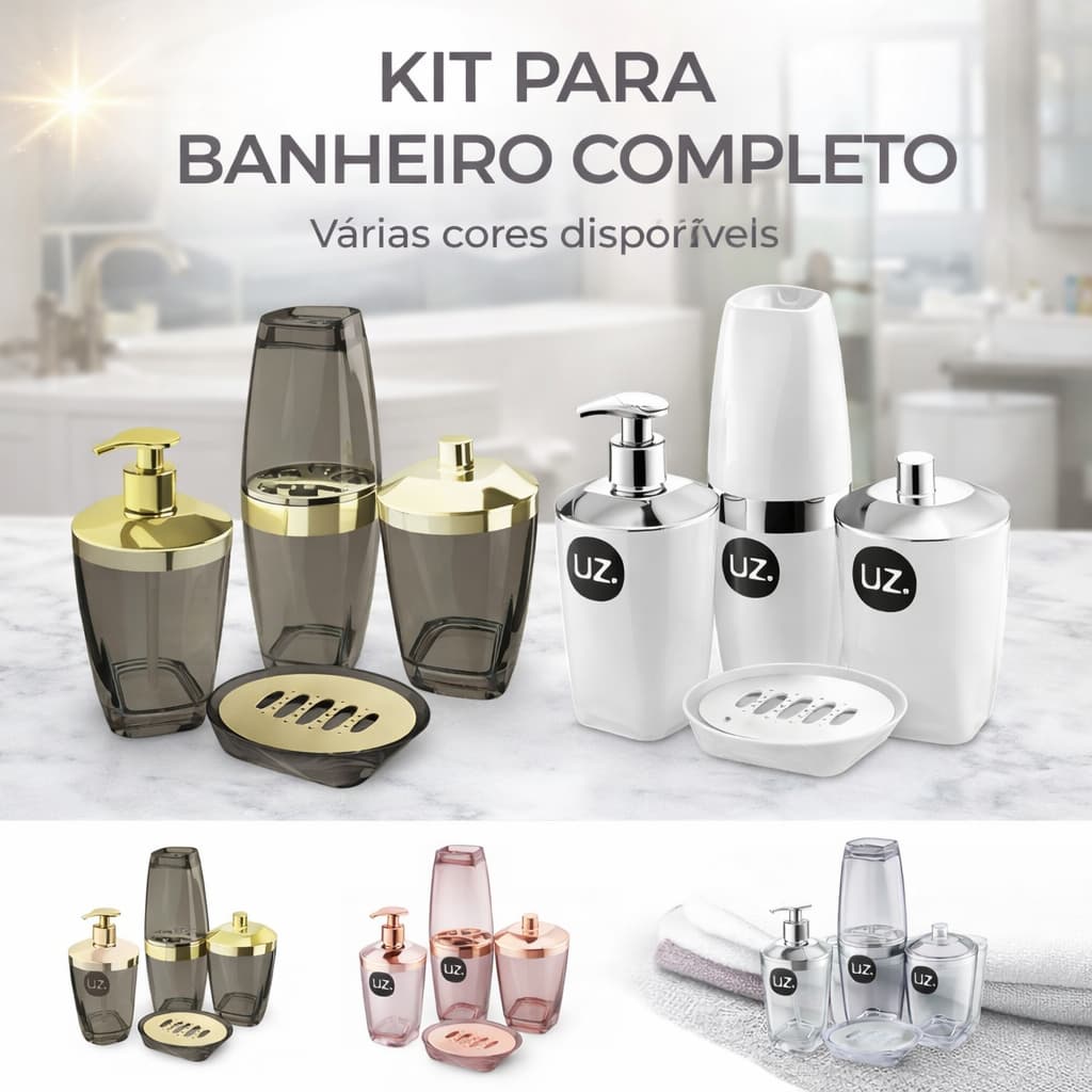 Kit Organizador de Banheiro 4 Peças Porta Escova Dispenser Porta Sabonete UZ Várias Cores Premium