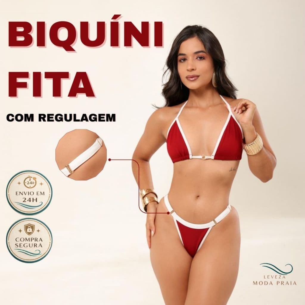 Biquíni FITA Golden Granada (Vermelho) com Branco Feminino Regulável  Conjunto Moda Praia