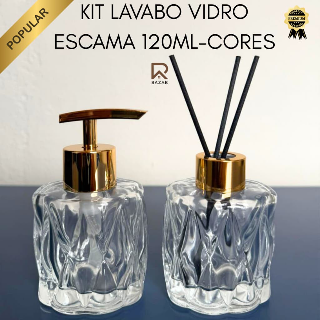 Kit Lavabo - Aromatizador e Saboneteira de Luxo Vidro Escama 120ml