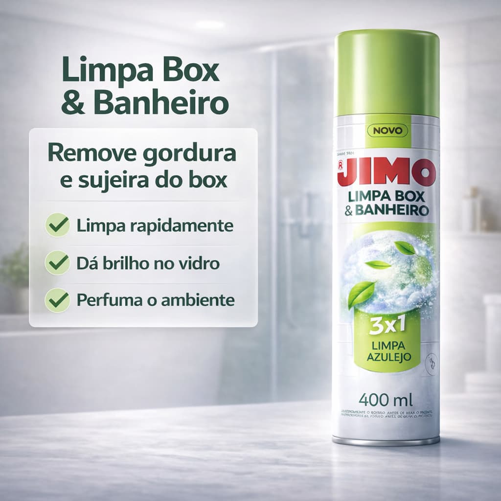 Limpa Box Banheiro Jimo Spray 400Ml Espuma Ativa Brilho Vidros Blindex Marcas Agua