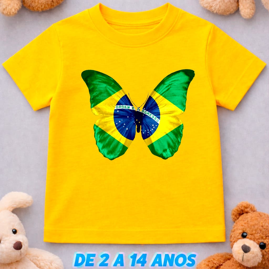 Camiseta Infantil Brasil Borboleta Copa Seleção Algodão Conforto Diário Menina Unissex
