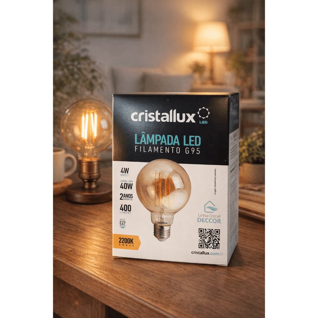 Lâmpada LED Filamento G95 4W 2200K Âmbar E27 Bivolt 400lm Decorativa Cristallux
