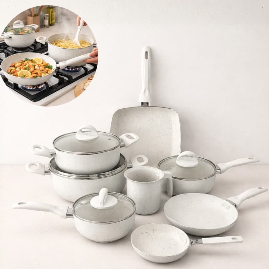 Jogo de Panelas 8 Peças Creme Cerâmica Tampa de Vidro Antiaderente Cozinha Frigideira