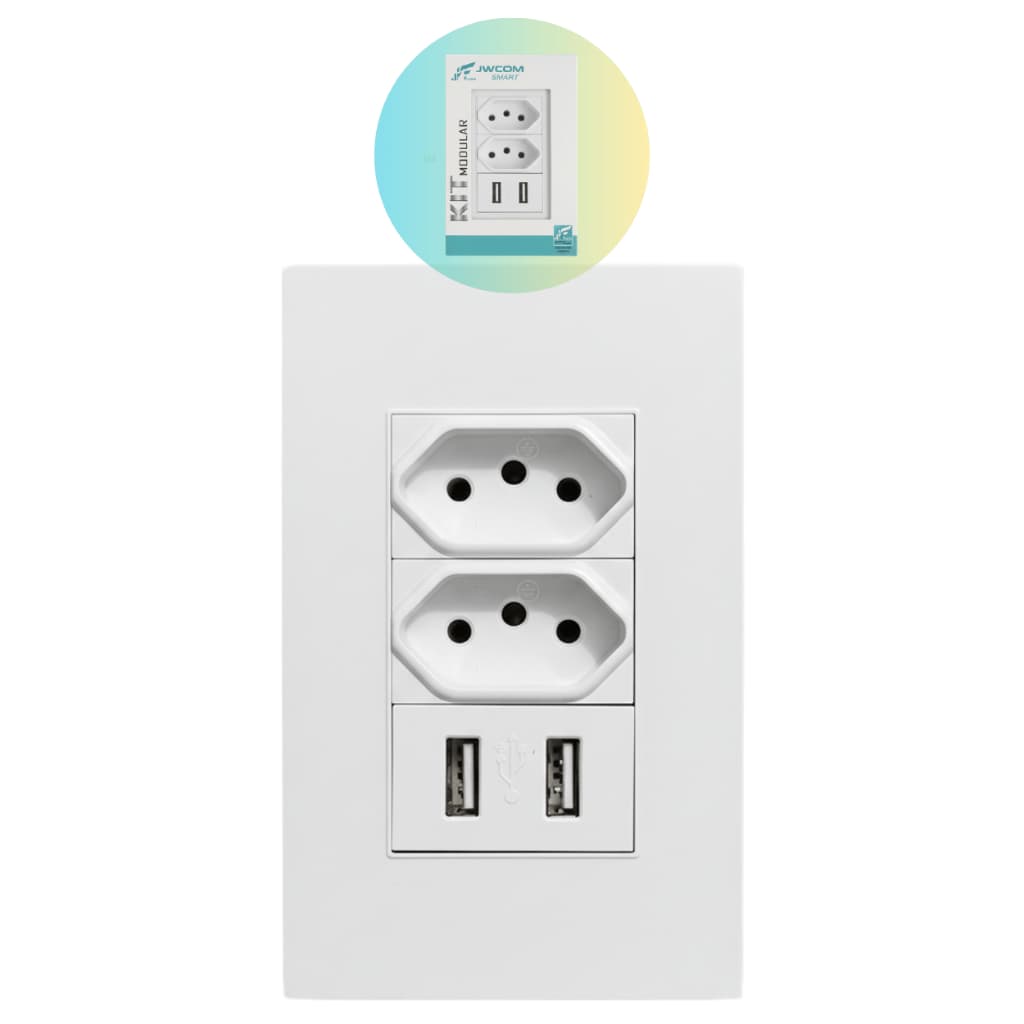 Tomada Dupla 10A com USB Embutido Carregador Parede Bivolt 4x2 INMETRO JWCOM Branca