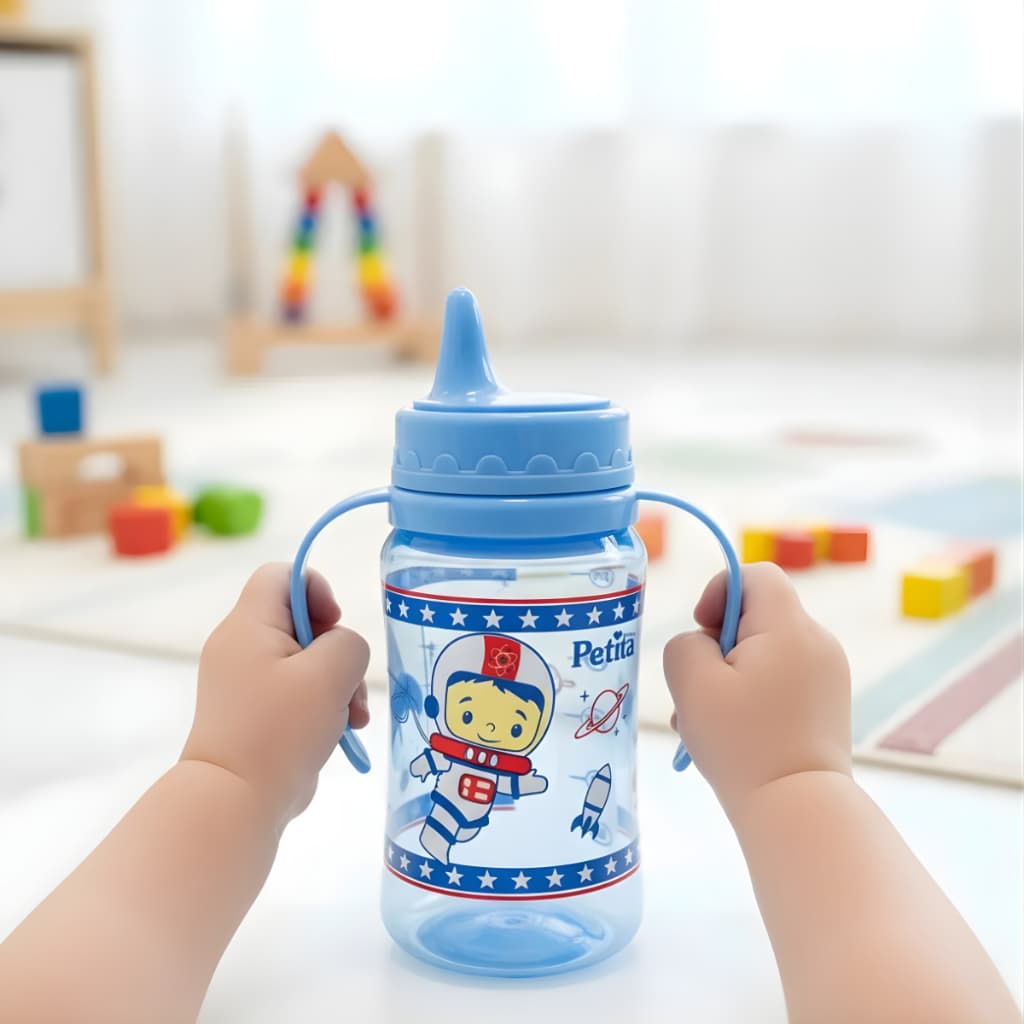 Copo Treino treinamento transição com Alça bico rígido com válvula de fluxo antizamento Azul menino 270ml