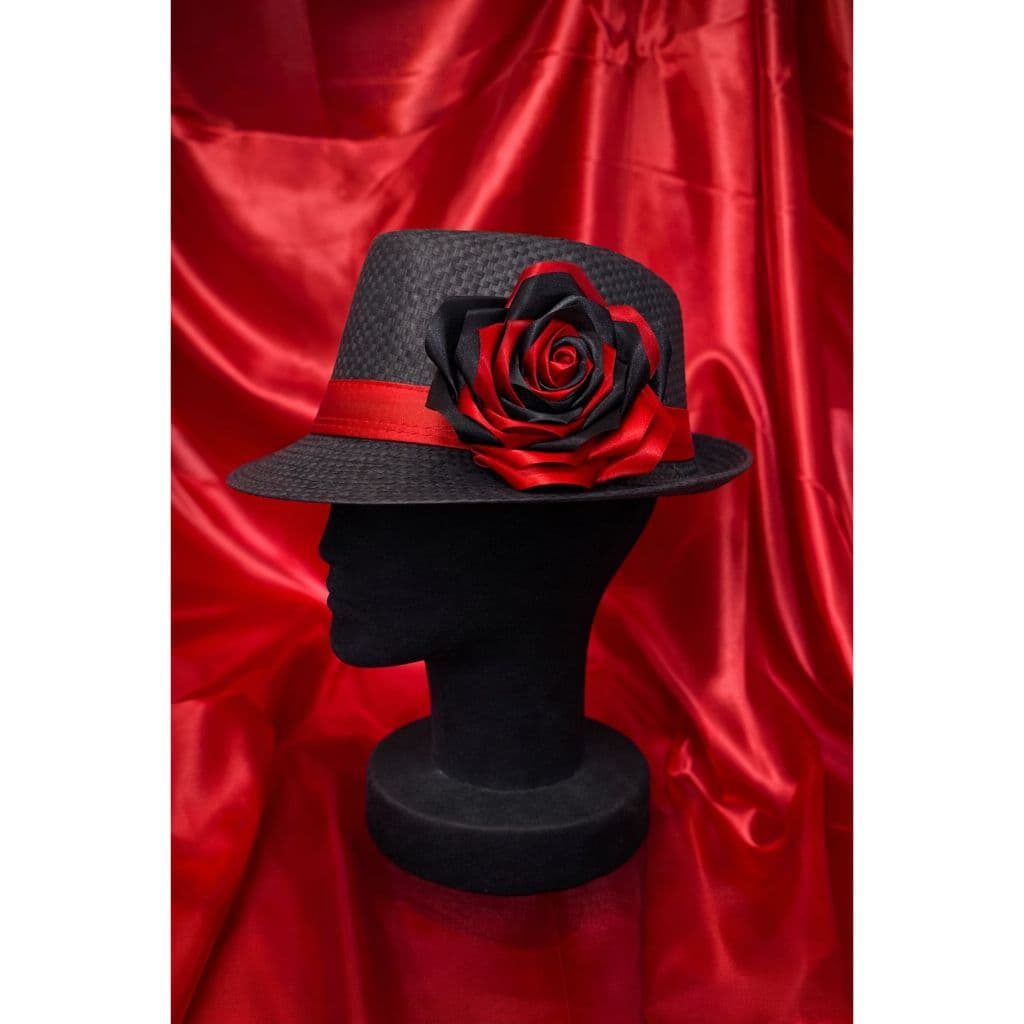 Chapéu Pombogira - Preto com rosa vermelha com preto - Modelo panamá para pombagira
