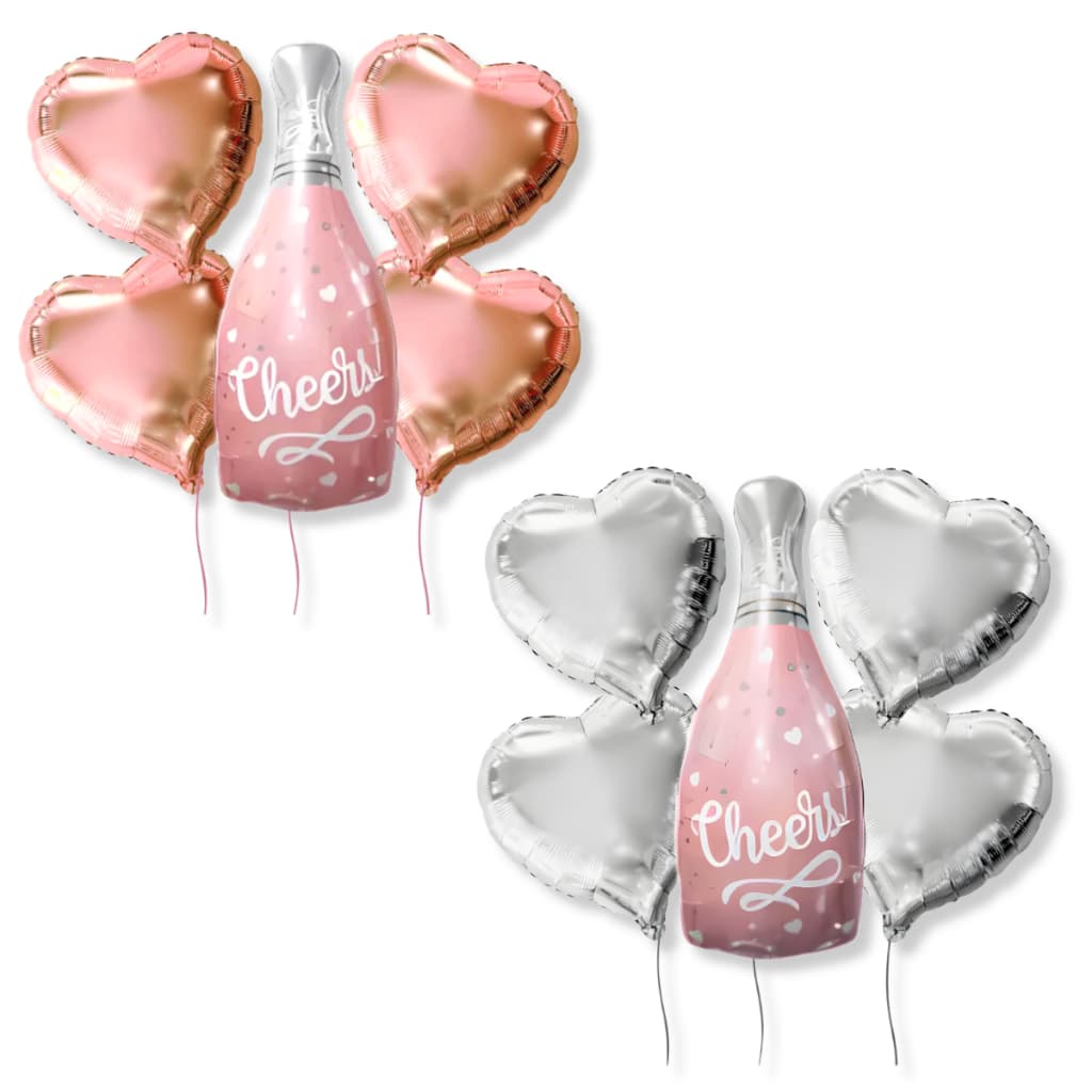Kit com 5 Balões Garrafa de Champagne Metalizada Rosa Cheers Festa Aniversário Despedida de Solteira