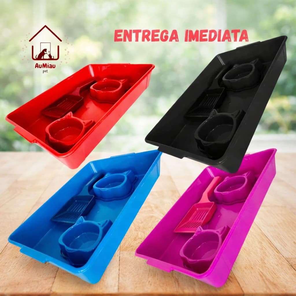 Kit Bandeja Higiênica caixa de Areia De Gato Fun Cat 3 em 1  - Comedouro Cara de Gato.