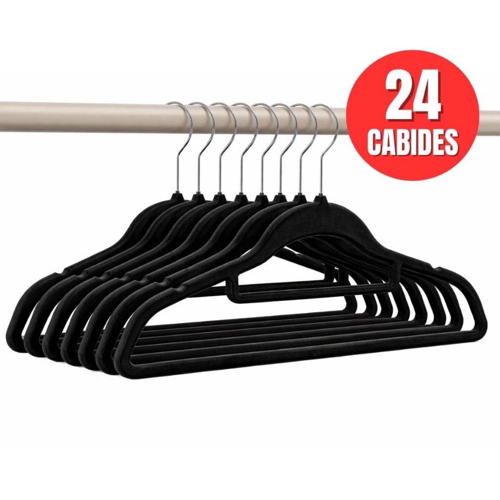 Kit com 24 Cabides de Veludo Slim Preto Organizador Antideslizante Prático com Gancho Giratório para Roupas