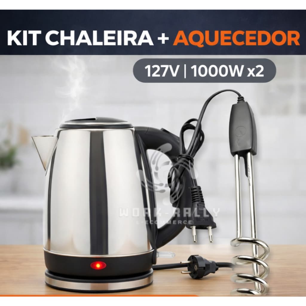 Kit Chaleira Elétrica 1.8 Litros + Aquecedor de Àgua  Elétrico Ebulidor De 1000w 127v