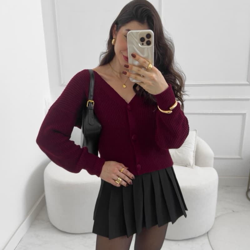 Casaco de Tricô Feminino Cardigan Manga Longa Botões Moda Inverno Tricot Casaqueto Curto Malha