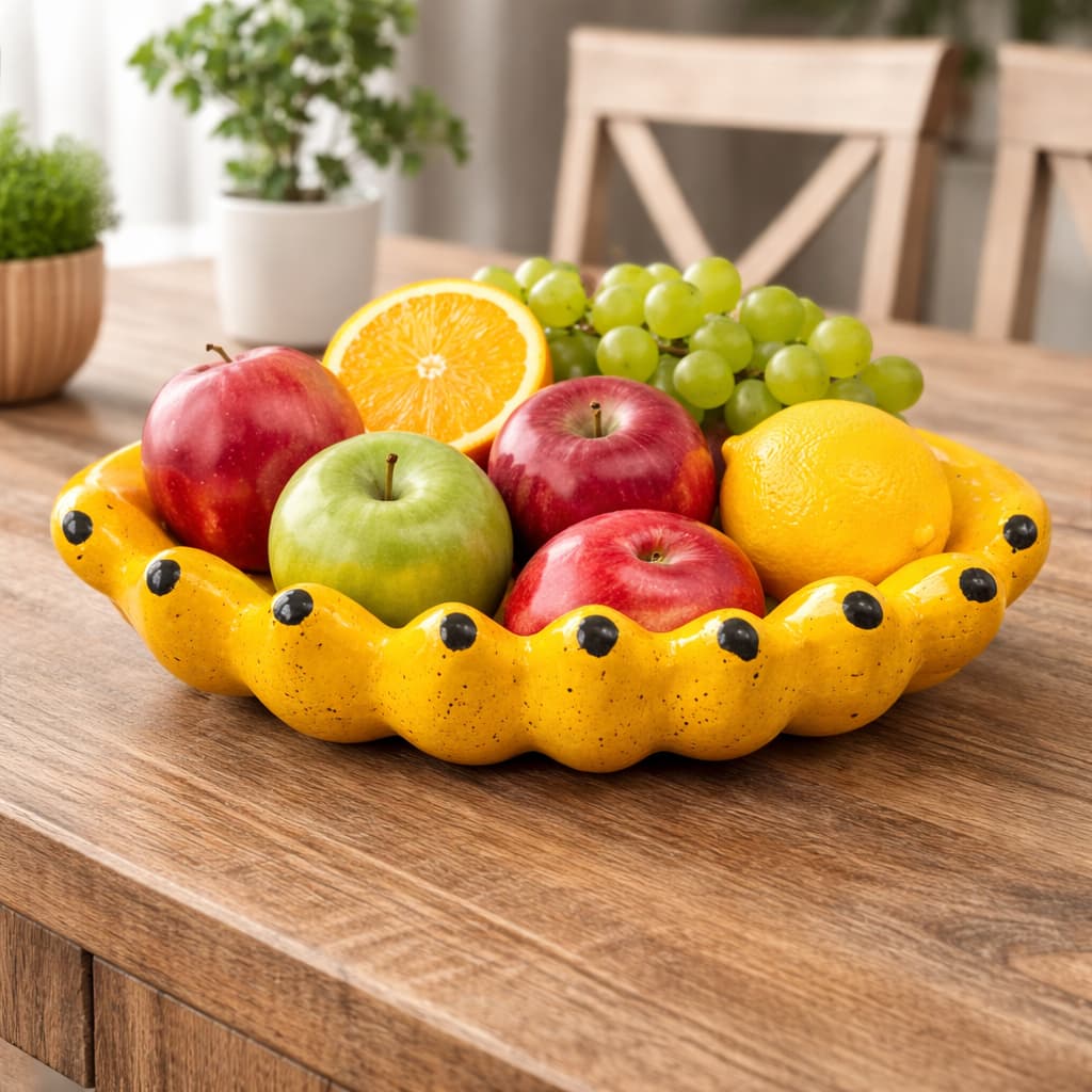 Fruteira Decorativa de Cerâmica Amarela Rústica – Centro de Mesa para Frutas, Fruteira Artesanal para Cozinha