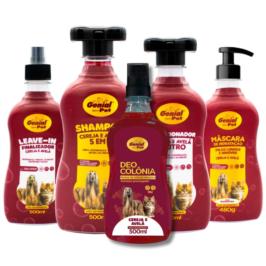 Kit Shampoo, Condicionador, Máscara de Hidratação, Leave-In Finalizador e Colônia Cereja & Avelã para Cães e Gatos