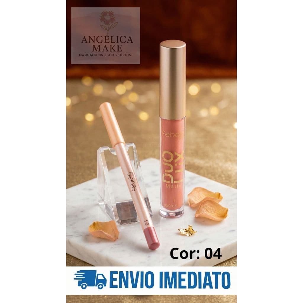 Kit Labial Febella Duo Lux Matte | Batom Líquido + Lápis Labial | Cor 04 | Efeito Aveludado | Longa Duração