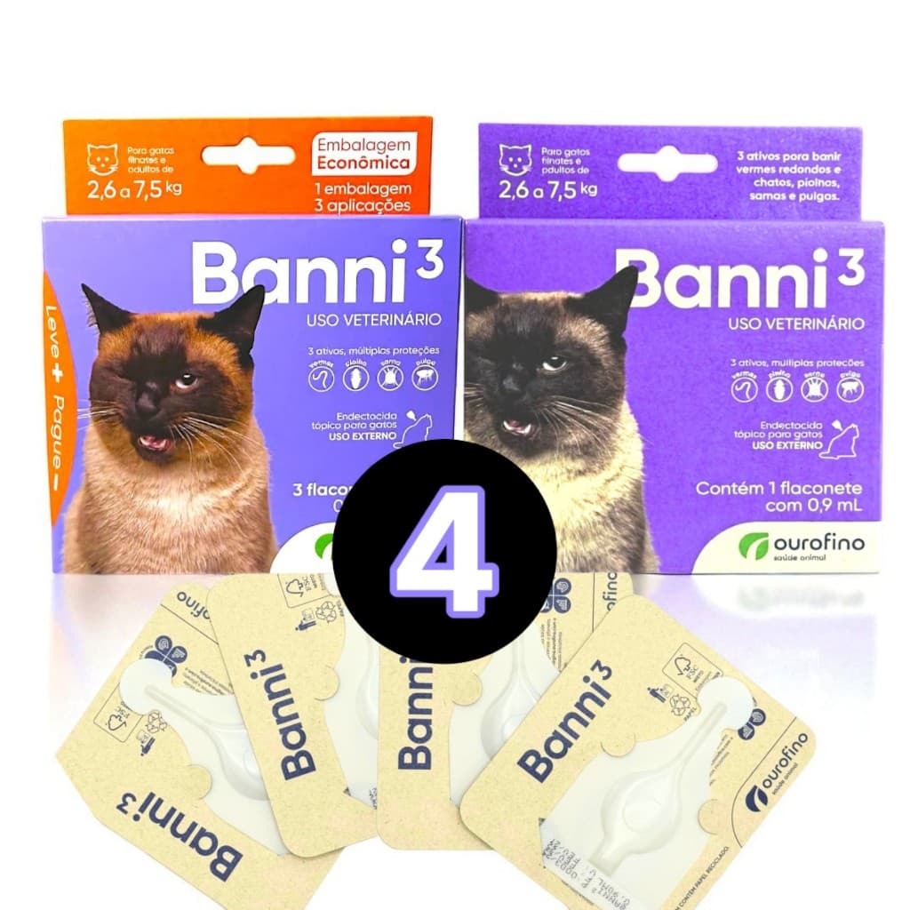 Antipulgas em Pipetas Para Gatos Banni3 - Combo 4 Pipetas de 2,5kg a 7,5kg