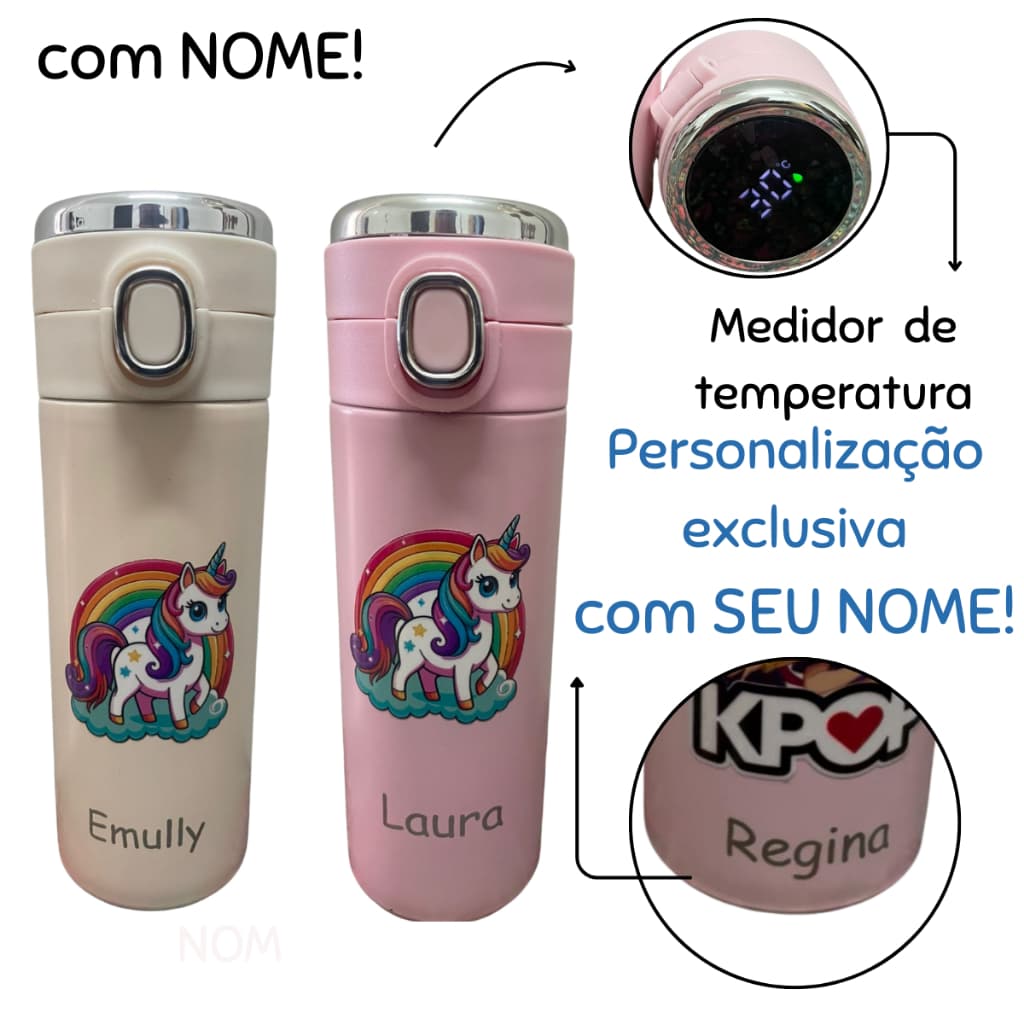 Garrafa Térmica unicórnio Com NOME Inox Personalizada Termômetro Digita e Trava de Segurança Infantil