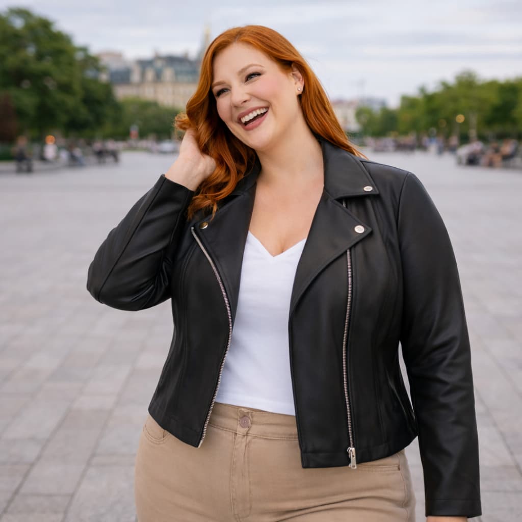 Jaqueta Plus Size Casaco Feminino Couro Sintetico PU Ziper Trasnversal Elegante