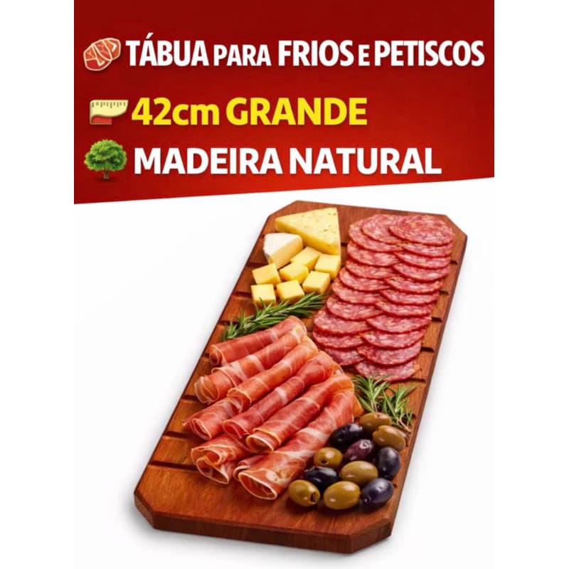 Tábua de Carne Madeira 42cm para Churrasco Tábua de Corte para Carnes e Frios Churrasqueiro