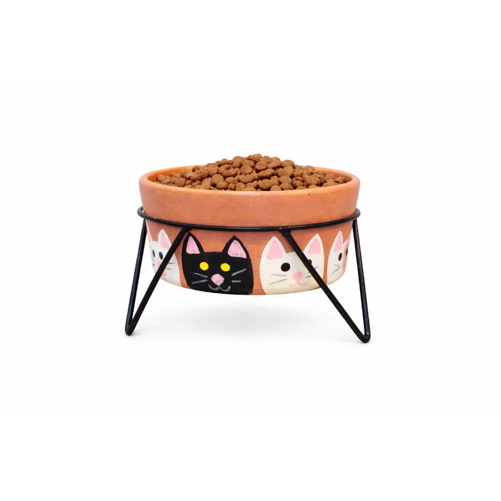 Comedouro Elevado para Gatos com Suporte Metálico Incluso – Cerâmica Decorada
