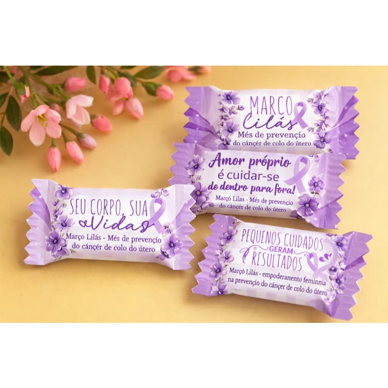 Kit com 50, 100 ou 200 Balas para Mimos Tema: Março Lilás