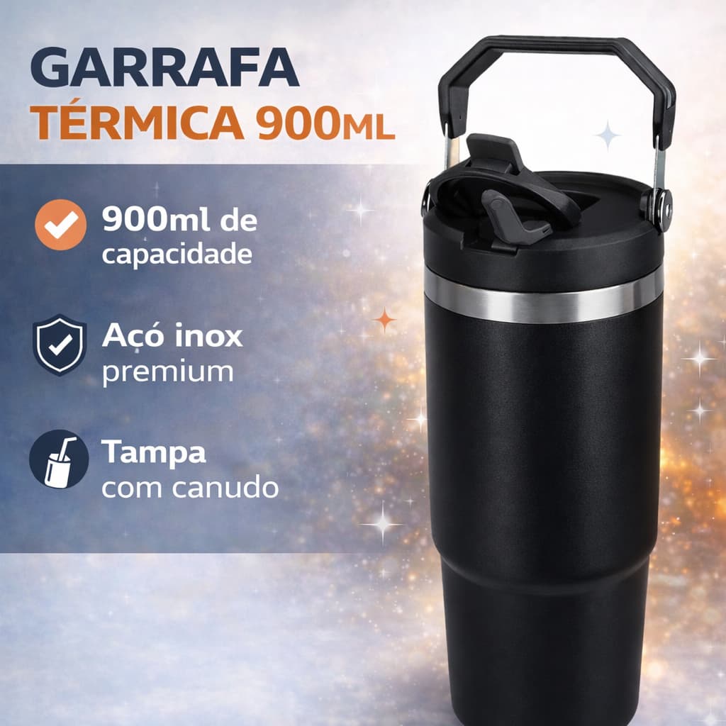 Normal - Garrafa Flip Straw Tumbler com Alça Superior e Canudo (900ml) - Preto