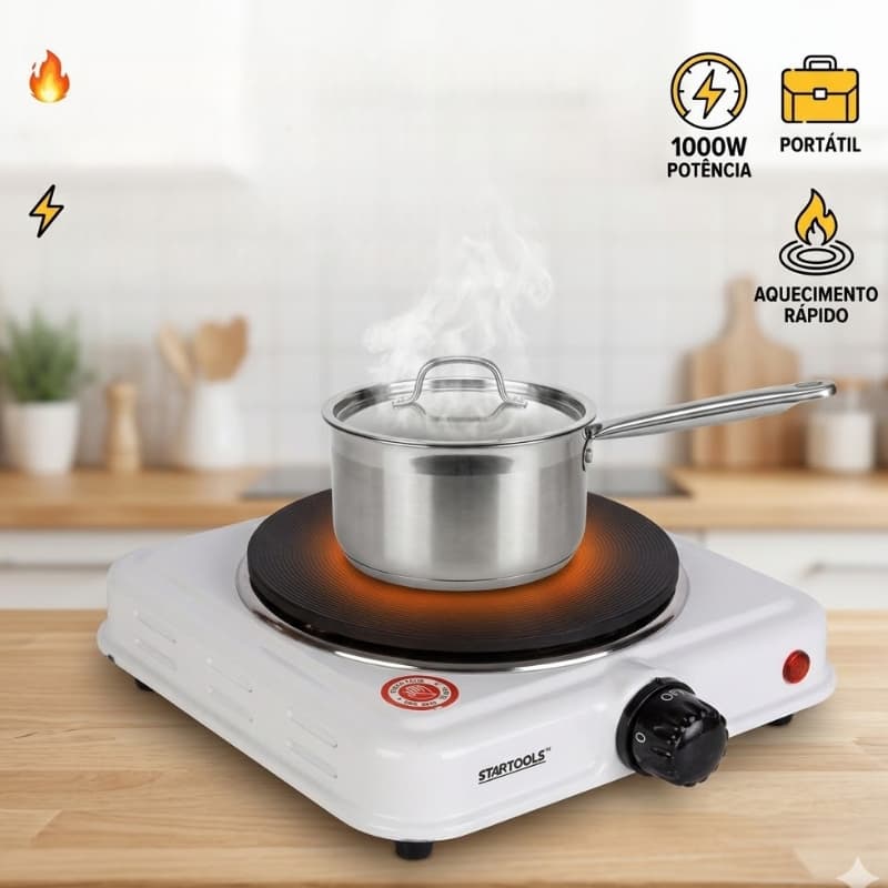 Fogareiro Elétrico Portátil 1 Boca 1000W 127V Mini Fogão Elétrico Compacto Camping Viagem