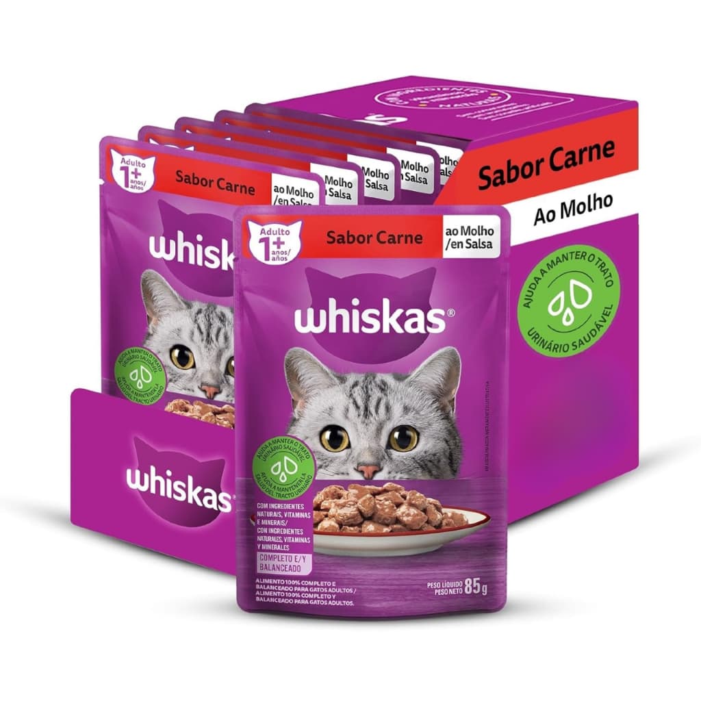 Kit Ração Úmida Whiskas Sachê Carne ao Molho para Gatos Adultos - Sachês de 85g