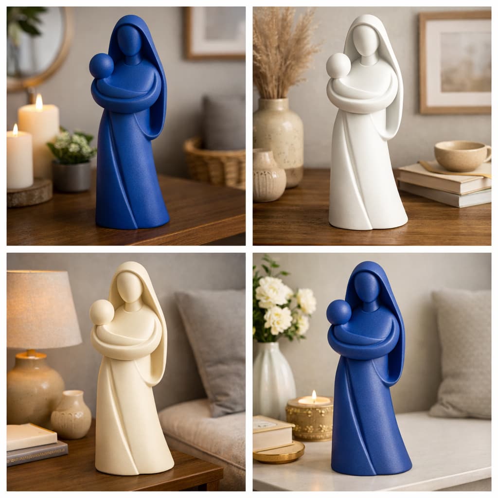 Escultura Nossa Senhora com Menino Jesus 15cm PETG Decorativa Religiosa Presente Católico