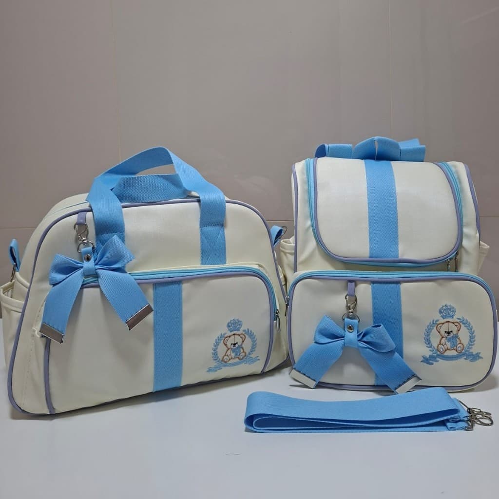 Kit Mochila Maternidade e Bolsa de Bebê Luxo Borboleta Bege/Azul